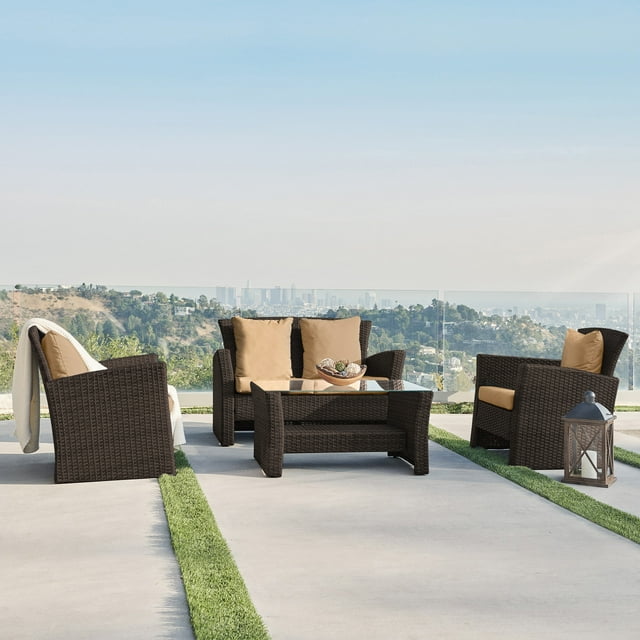 BELLEZE Brasillia Outdoor 4 Pcs Patio Conversation Set Wicker Rattan Sectional Sofa With Cushions & Coffee Table, Brown