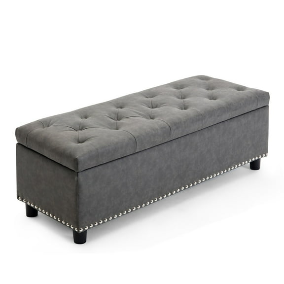 BELLEZE Button-Tufted Faux Leather Storage Ottoman Bench - Brentwood (Rustic Gray)