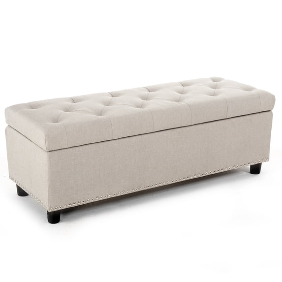 BELLEZE Button-Tufted Linen Storage Ottoman Bench - Brentwood (Beige)