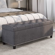 BELLEZE Button-Tufted Linen Storage Ottoman Bench - Brentwood Gray