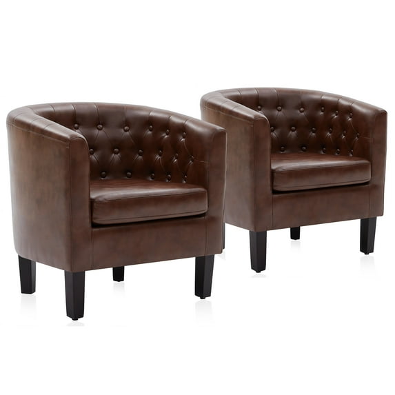 BELLEZE Caramel Accent Chairs for Living Room, Set of 2 Elegant Arm Chairs, Upholstered Tufted Barrel Chairs Club Chairs for Bedroom with Sturdy Legs and Faux Leather - Berlinda (Caramel)
