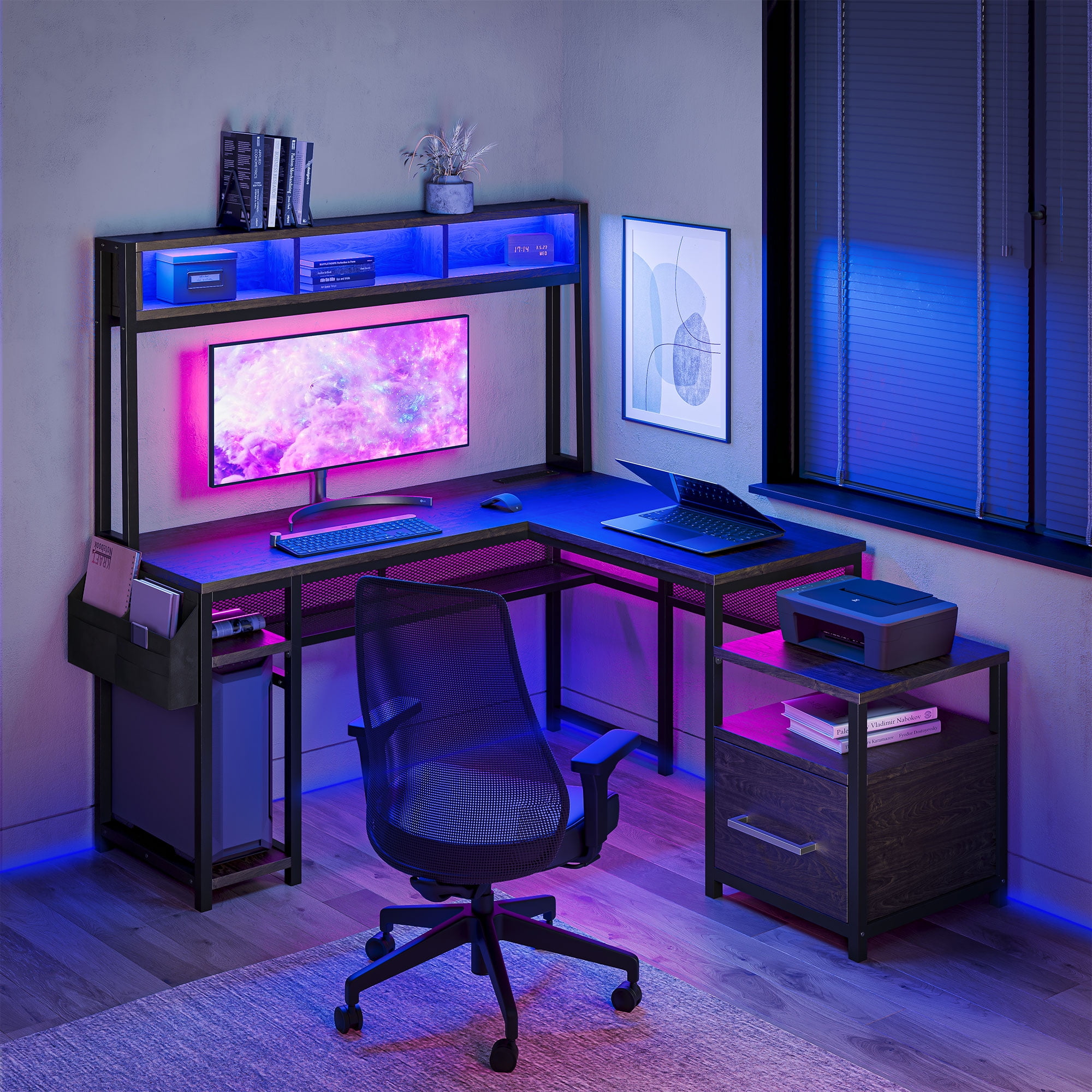 BELLEZE Computer Desk with Hutch and File 104" Long Gaming Desk with RGB LED Lights and