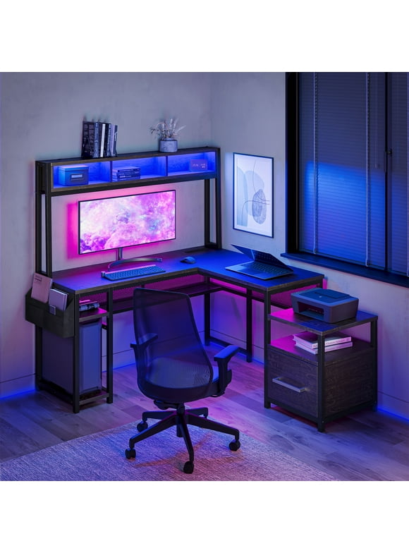 BELLEZE Computer Desk with Hutch and File Cabinet, 104" Long Gaming Desk with RGB LED Lights and USB AC Outlet, Reversible L-Shaped Desk for Home Office (Eclipse - Brown)