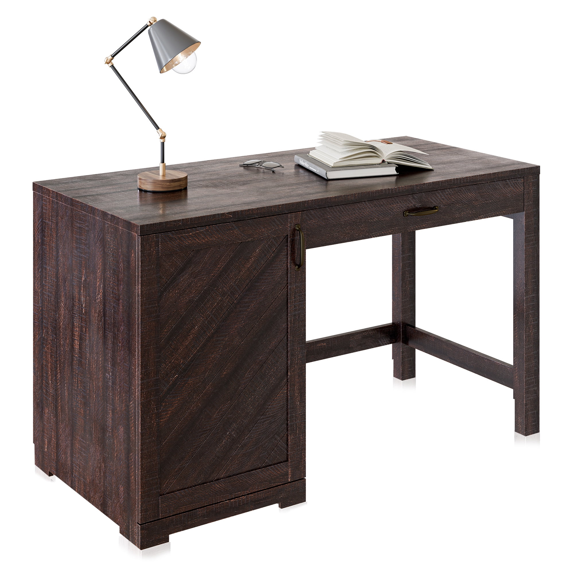 Espresso Wood Home Office Desk with Drawer and Adjustable Shelves