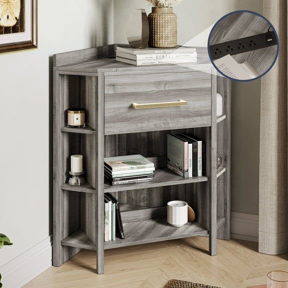 BELLEZE Corner Cabinet with Power Strip, Corner Table with 1 Storage Drawer and 8 Shelves, Store and Organize Home Furniture for Small Space - Sonoma (Gray)