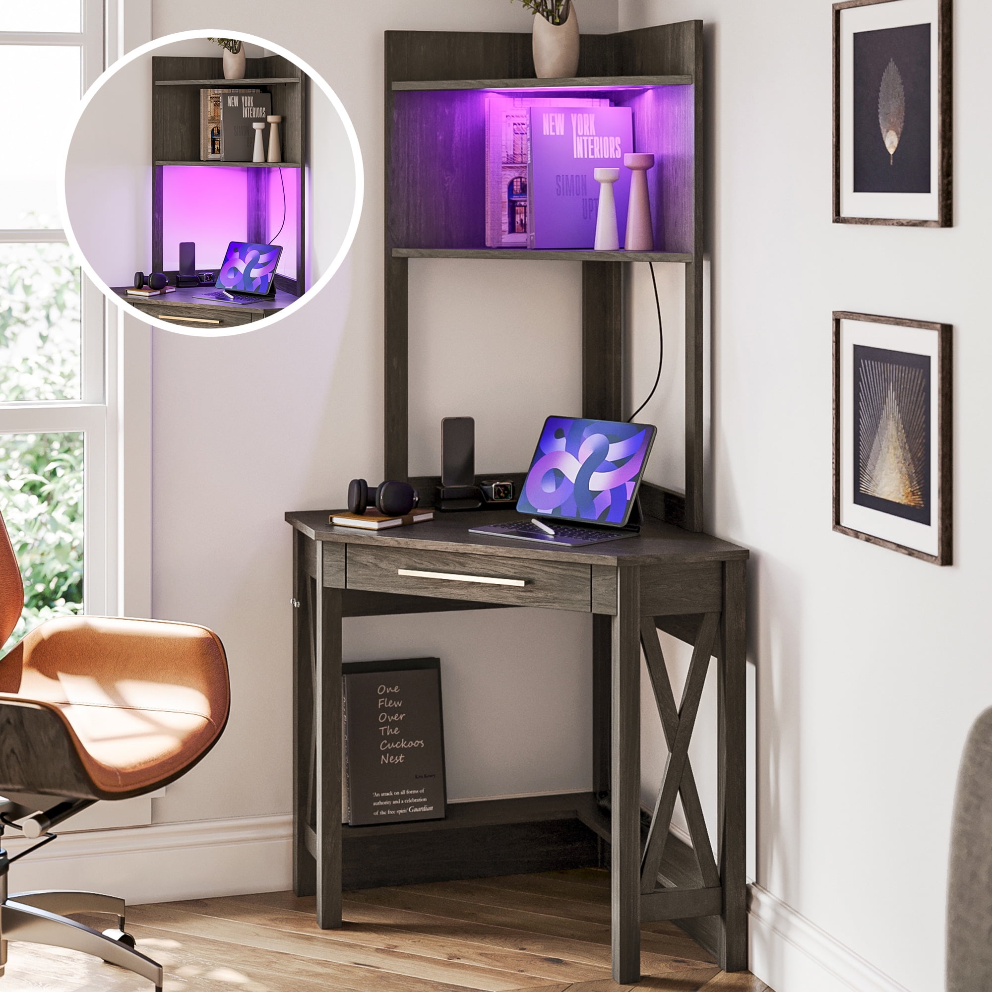 Dark Brown Corner Desk with Hutch and LED Lights