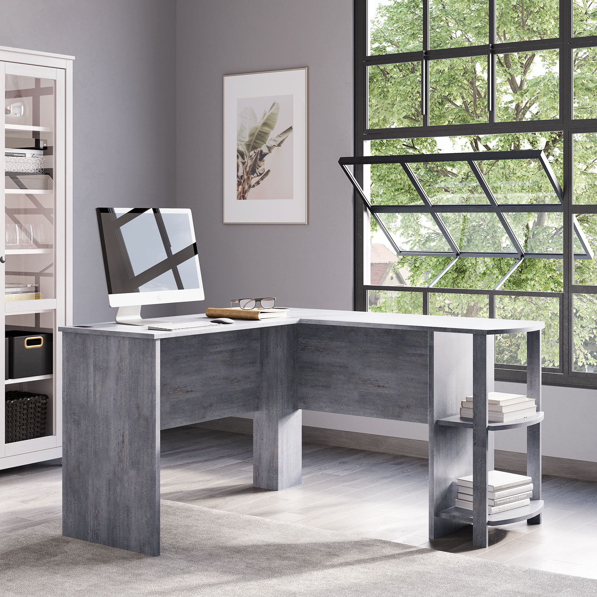 Naomi Home L Shaped Desk with Drawers, 60 Inch Corner Computer Desks, Large  L-Shaped Office Table with Open Shelves, 2 Person Home Office Desk with