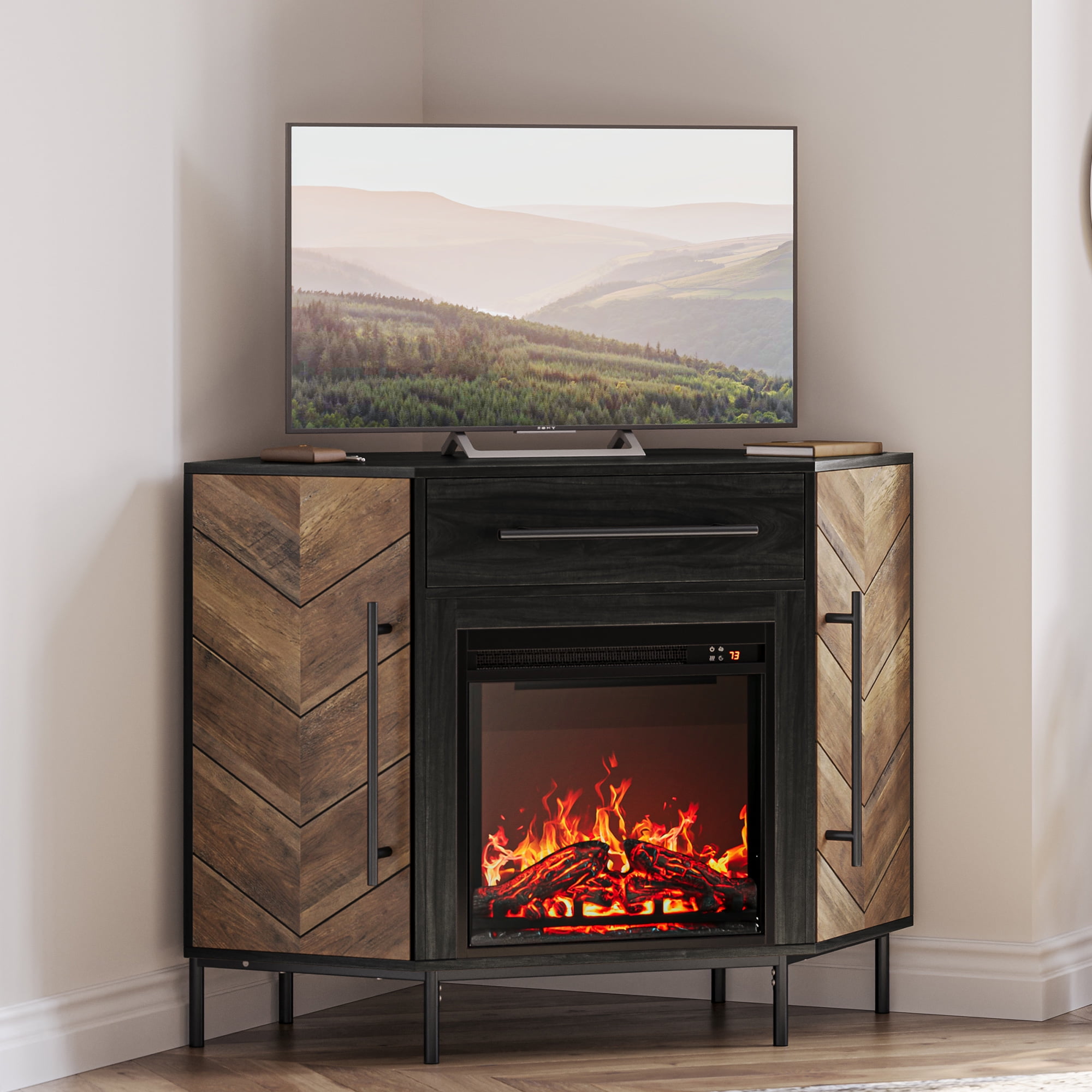 Black Ebony Corner TV Stand with Electric Fireplace and Storage Cabinet
