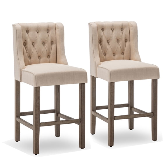 BELLEZE Counter Height Bar Stools for Kitchen Island Set of 2, Wingback Counter Stools Button Tufted Upholstered Fabric Barstools Island Chairs Farmhouse High Back Dining Room Chairs -Calila (Natural)