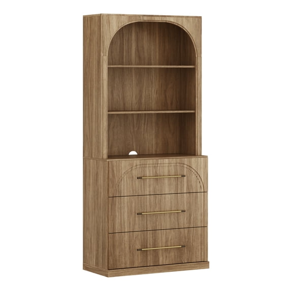 BELLEZE Display Storage Cabinet with Hutch, 72" Tall Wood Modern Bookshelf with 3 Drawers, Door Cabinet for Office, Study, Kitchen, Dining Living Room, Camel