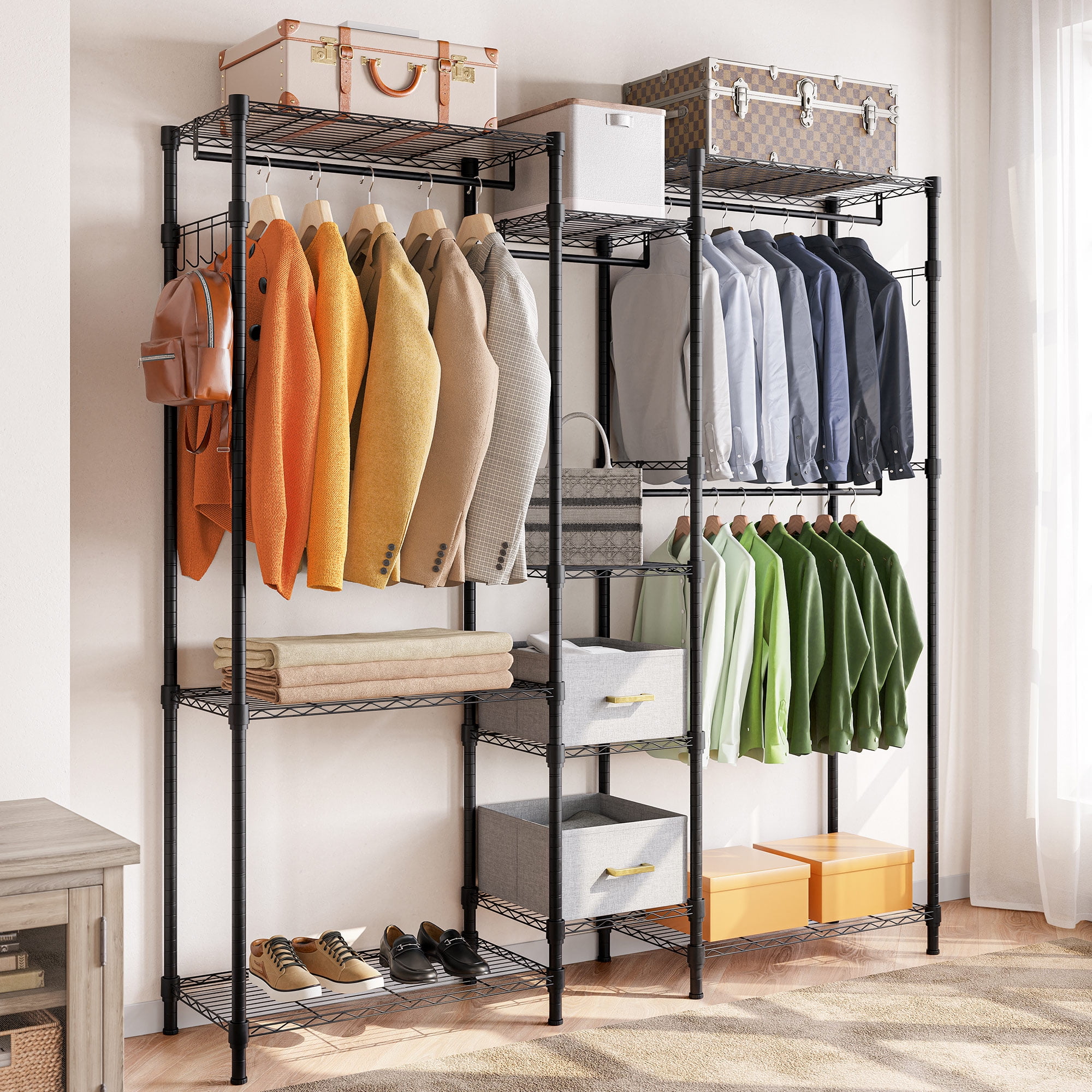 BELLEZE Dual Garment Rack with Hanging Rods Adjustable Shelves and Fabric Drawers Two Types of Assembly Formation Clothes Rack Multi Functional