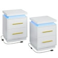 thumbnail image 1 of BELLEZE End Tables Set of 2, Nightstands Beside Tables with RF Remote-Controlled LED Lights, Two Drawers, and Gold Metal Handles for Bedroom or Living Room - Zoey (White), 1 of 7