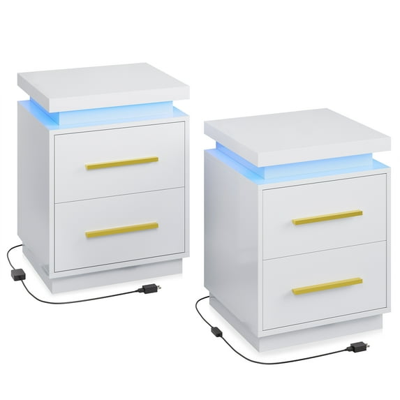 BELLEZE End Tables Set of 2, Nightstands Beside Tables with RF Remote-Controlled LED Lights, Two Drawers, and Gold Metal Handles for Bedroom or Living Room - Zoey (White)