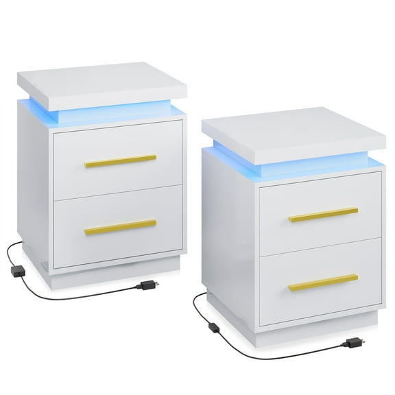 BELLEZE End Tables Set of 2, Nightstands Beside Tables with RF Remote-Controlled LED Lights, Two Drawers, and Gold Metal Handles for Bedroom or Living Room - Zoey (White)