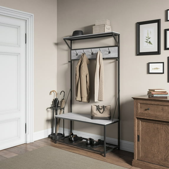 BELLEZE Entryway Hall Tree Coat Rack and Shoe Bench - Lexie (Stone Grey)