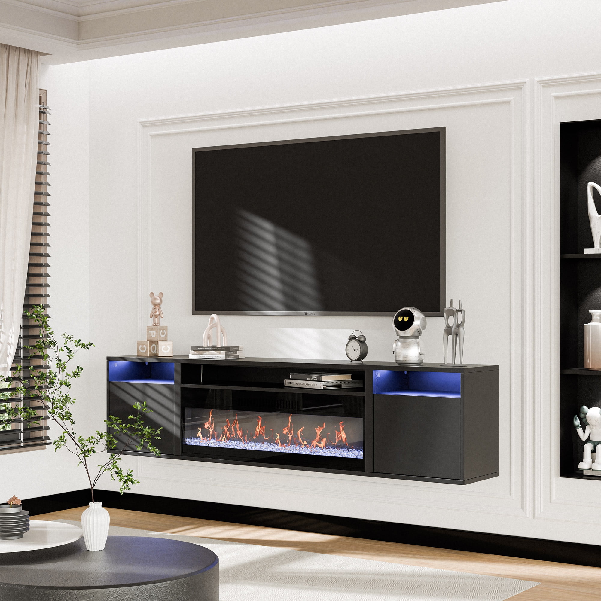 BELLEZE Floating Fireplace TV Stand Wall Mounted with 36" Electric Fireplace Heater, 70" LED Entertainment Center with Storage for TVs up to 75", Modern Media Console TV Shelf For Living Room (Black)