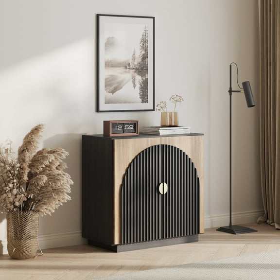 BELLEZE Fluted Sideboard Buffet Cabinet with Storage, Mid-Century Modern Console Table with Symmetrical Arched Doors, Elegant Credenza for Dining Room, Kitchen, and Living Room, Camel