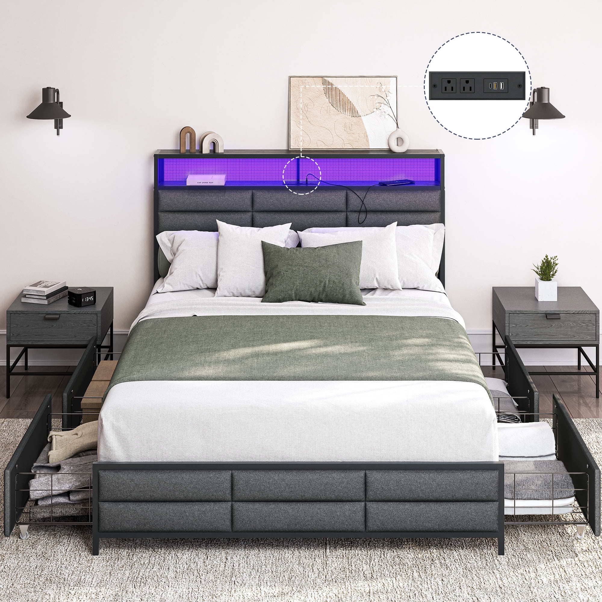 Gray Full Upholstered Platform Bed with Storage Drawers and LED Headboard