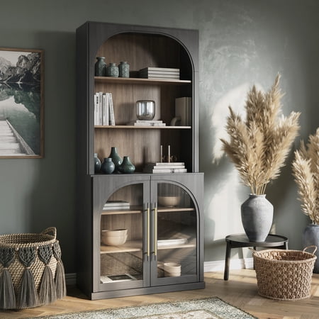 BELLEZE Glass Display Curio Cabinet, 72" Tall Modern Wood 6-Tier Shelf Storage with Sturdy Aluminum Handle, Bookshelf Bookcase for Office, Living Room, Ebony