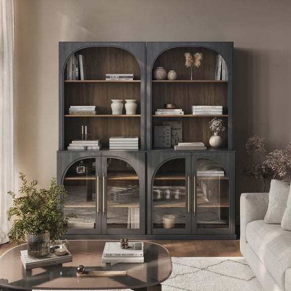 BELLEZE Glass Display Curio Cabinet Set of 2, 72" Tall Modern Wood 6-Tier Shelf Storage with Sturdy Aluminum Handle, Bookshelf Bookcase for Office, Living Room, Ebony