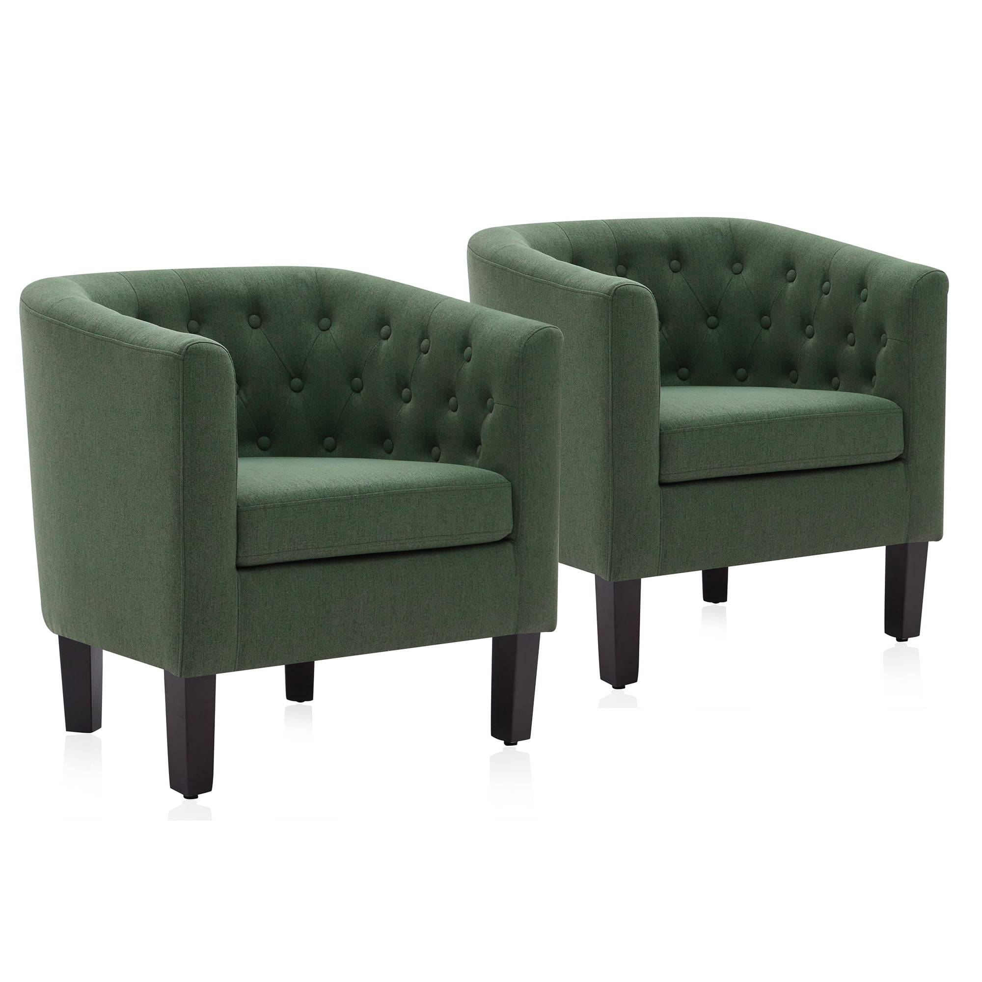 BELLEZE Green Accent Chairs for Living Room, Set of 2 Elegant Arm Chairs, Upholstered Tufted Barrel Chairs Club Chairs for Bedroom with Sturdy Legs and Linen Fabric - Berlinda (Green)