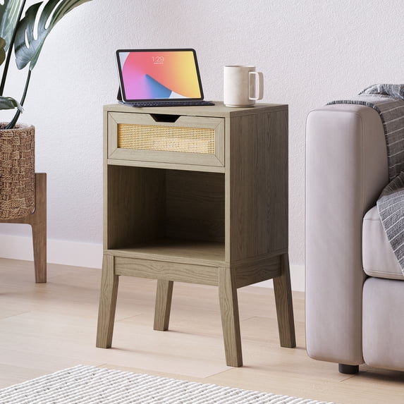 BELLEZE End Table with Ultra-Fast USB Type A/C Outlet Strip, Boho Style Nightstand with Rattan Decorated Drawer and Open Cabinet, Modern Side Table for Bedroom, Guest Room, Office - Carl(Nature)