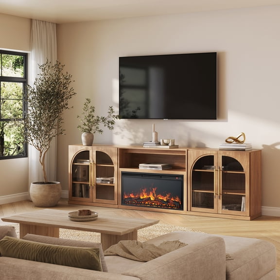 BELLEZE Jagger 105" TV Stand with 36" Electric Fireplace, 3-Piece Modular Wall Unit Entertainment Center,2 Arched Glass Door Cabinet and 1 Fireplace Cabinet,For TV Up to 98" - Camel