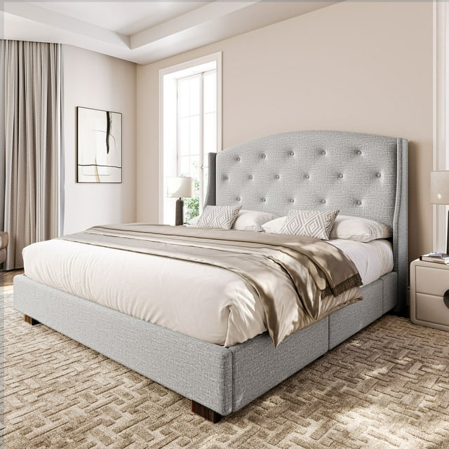 BELLEZE King Platform Bed Frame, Upholstered Linen, Wingback Headboard