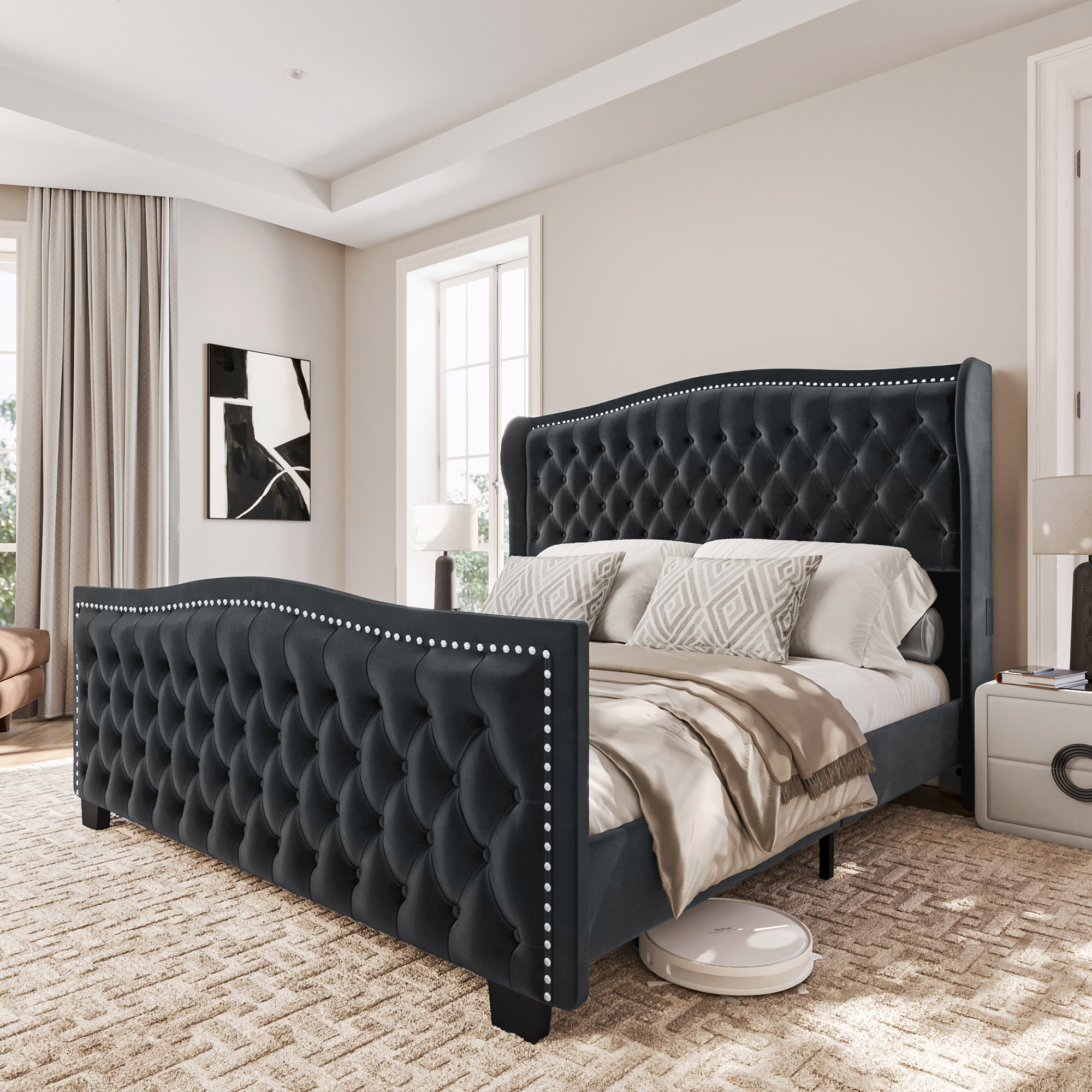 BELLEZE Upholstered King Bed Frame with Charging Port, Tufted Headboard