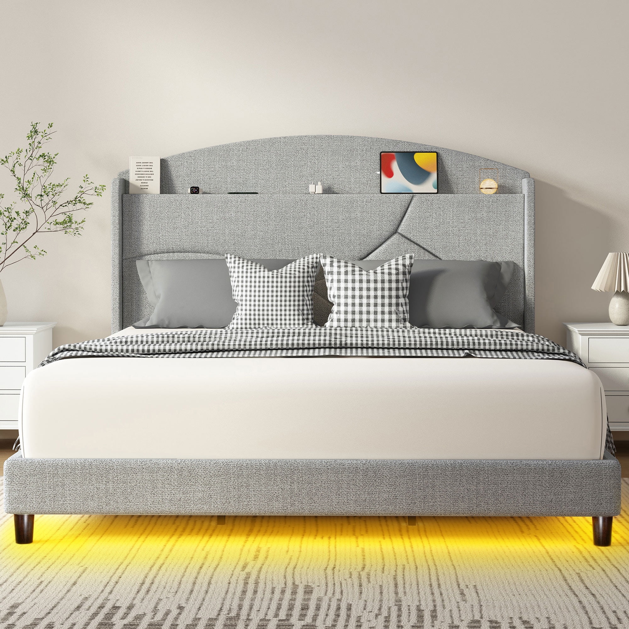 BELLEZE King Size Bed Frame, Upholstered Platform Bed Frame with Type-C ...