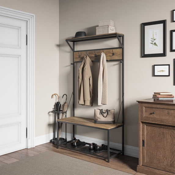 BELLEZE Entryway Hall Tree Coat Rack and Shoe Bench - Lexie (Rustic Oak)