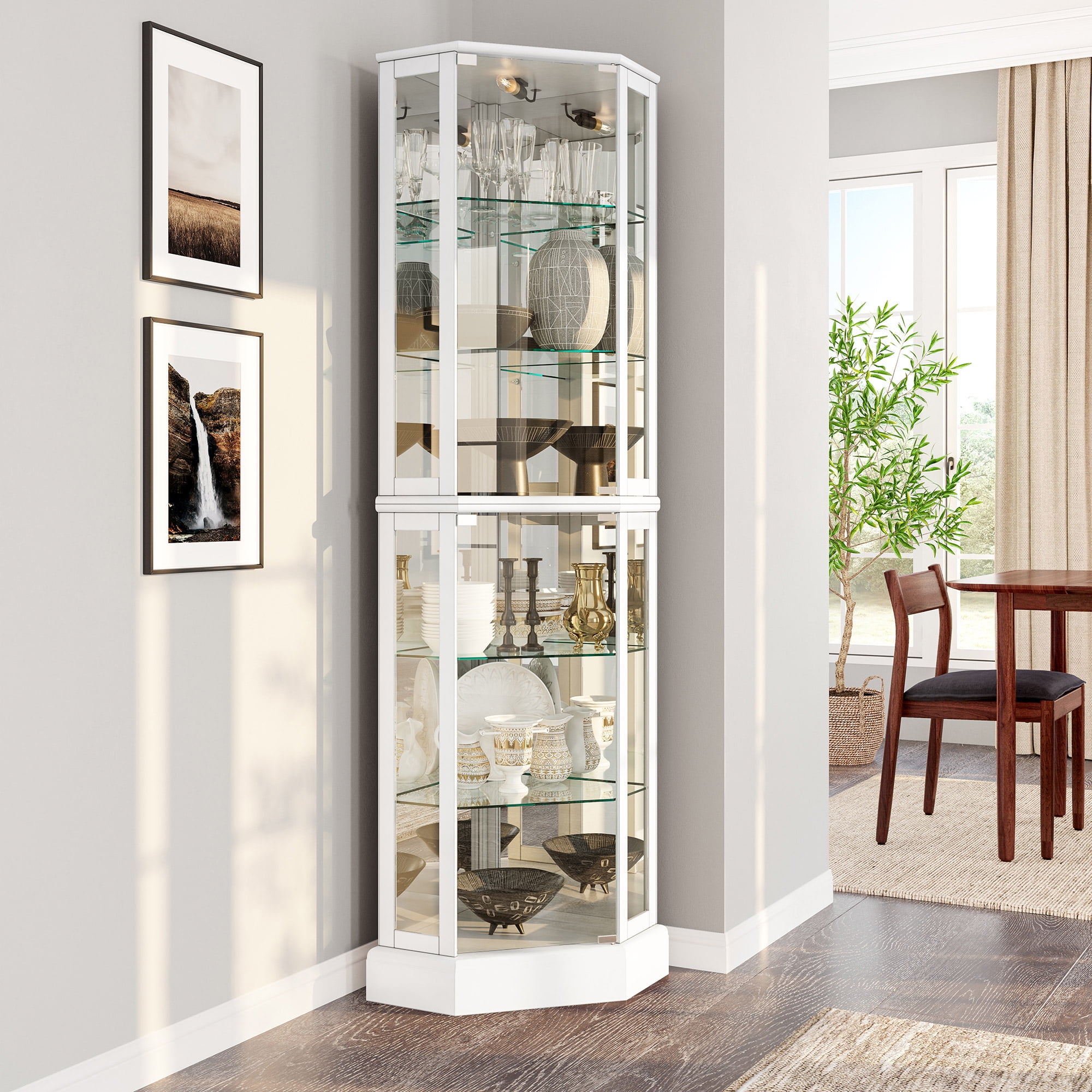 BELLEZE Lighted Corner Curio Cabinet with Glass Doors