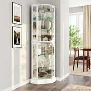 BELLEZE Lighted 3-Side Glass Display Curio Cabinet with Tempered Glass Doors and Shelves, Curved Wood Corner Cabinet with Bulb, Corner Curio Storage Rack for Bar and Liquor Storage - Ashfield White