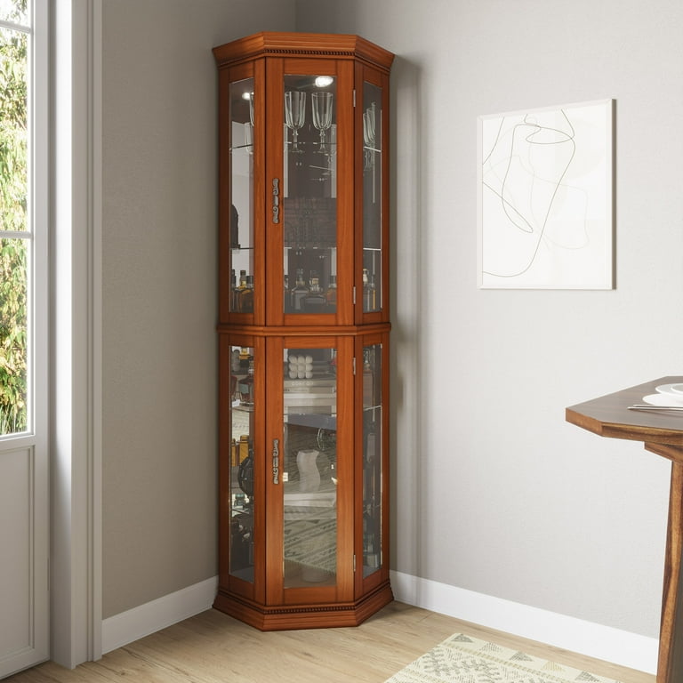 BELLEZE Lighted 3 Side Glass Display Curio Cabinet w Tempered Glass Doors and Shelves Accent Wooden Corner Cabinet with Bulb Corner Storage