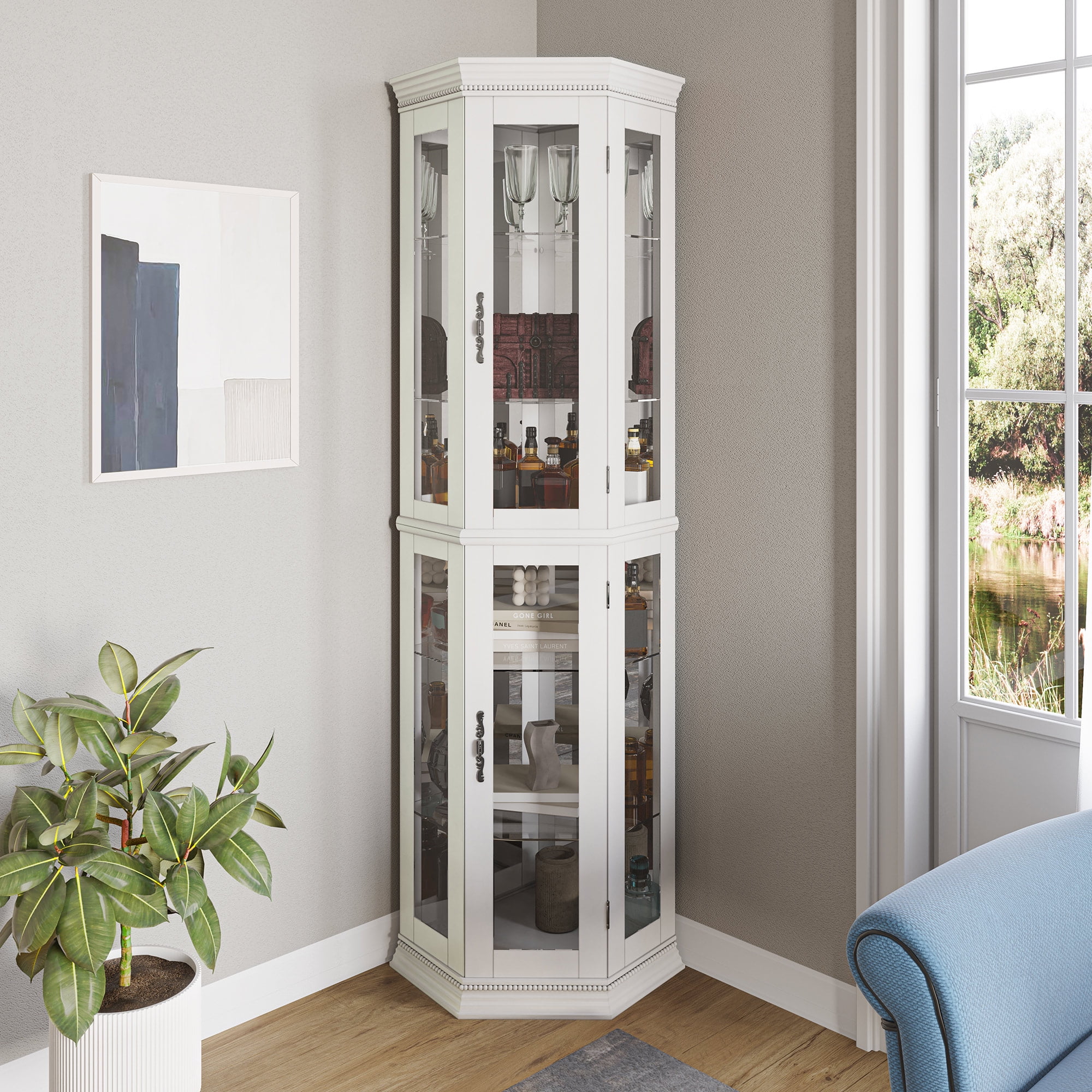 BELLEZE Lighted 3-Side Glass Display Curio Cabinet, White, 69.75 x 21.50 x 16.00 Inches, 6 Shelves