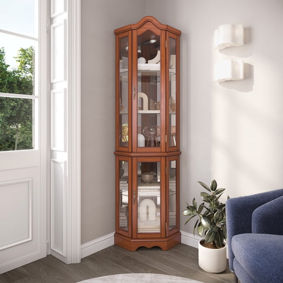 BELLEZE Lighted 3-Side Glass Display Curio Cabinet w/ Tempered Glass Doors and Shelves, Curved Wood Corner Cabinet with Bulb, Corner Storage Decoration Rack for Living room and Bedroom - Loraine (Oak)