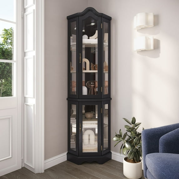 BELLEZE Lighted 3-Side Glass Display Curio Cabinet w/ Tempered Glass Doors and Shelves, Curved Wood Corner Cabinet with Bulb, Corner Storage Decoration Rack for Living room & Bedroom Loraine (Black)