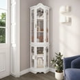thumbnail image 1 of BELLEZE Lighted 3-Side Glass Display Curio Cabinet w/ Tempered Glass Doors and Shelves, Curved Wood Corner Cabinet with Bulb, Corner Storage Decoration Rack for Living room & Bedroom Loraine (White), 1 of 6
