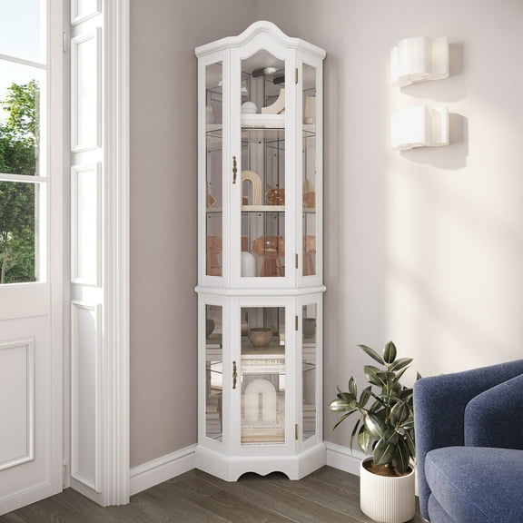 BELLEZE Lighted 3-Side Glass Display Curio Cabinet w/ Tempered Glass Doors and Shelves, Curved Wood Corner Cabinet with Bulb, Corner Storage Decoration Rack for Living room & Bedroom Loraine (White)