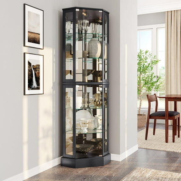 BELLEZE Lighted 3-Side Glass Display Curio Cabinet with Tempered Glass Doors and Shelves, Curved Wood Corner Cabinet with Bulb, Corner Curio Storage Rack for Bar and Liquor Storage - Ashfield (Black)