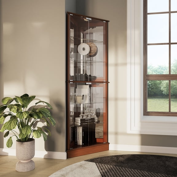 BELLEZE Lighted Accent Corner Display Curio Cabinet with Tempered Glass Doors and Shelves, Classic Wood Cabinet with Bulb, Corner Curio Storage Rack for Living Room, Bedroom and Kitchen - Woody (Oak)