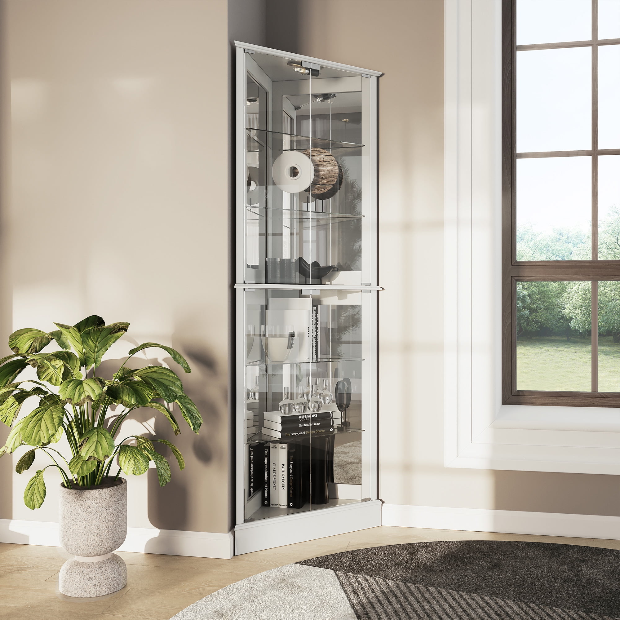 BELLEZE Lighted Corner Display Cabinet, Wood Curio Storage BELLEZE Lighted Corner Display Cabinet, Wood Curio Storage