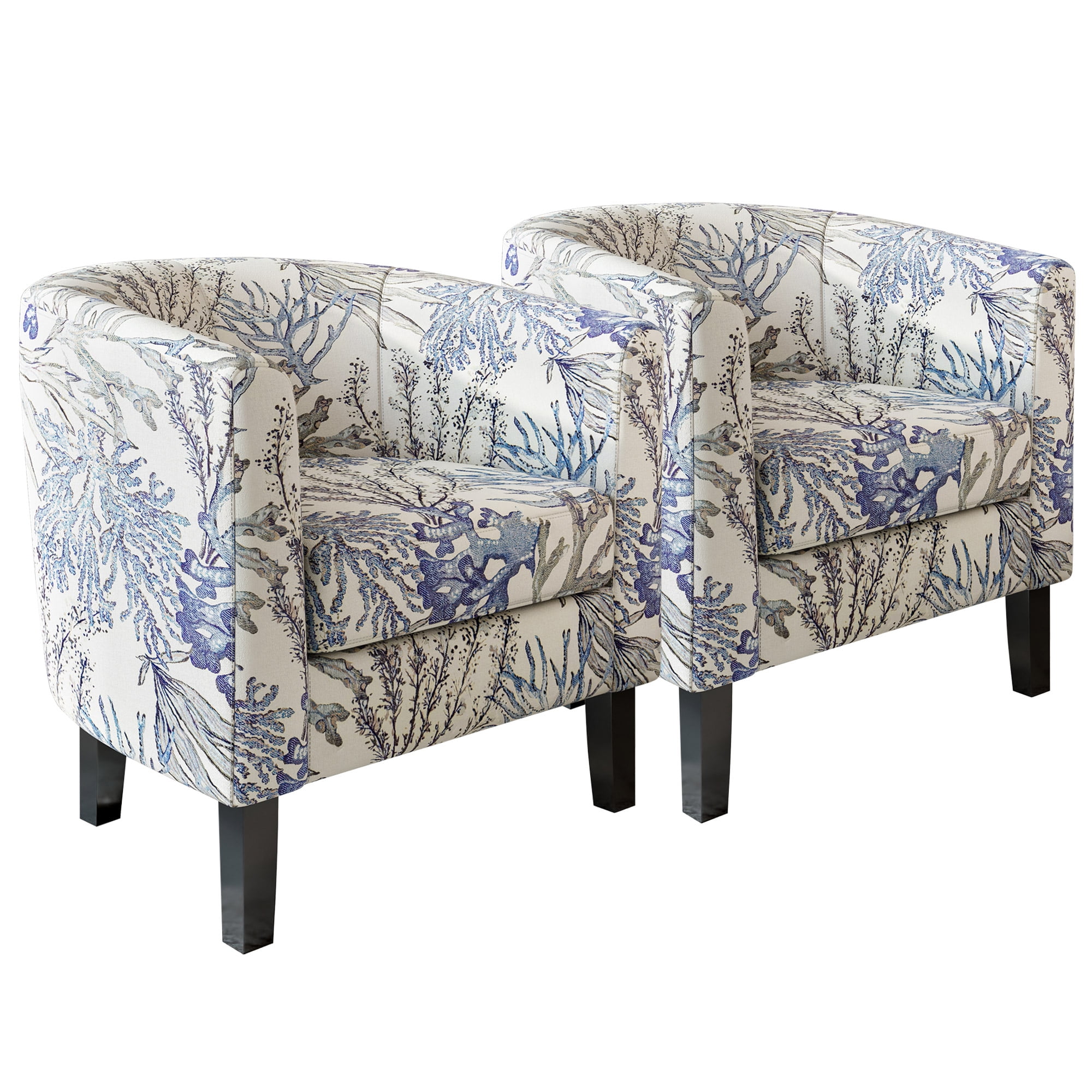 BELLEZE Living Room Chairs Set of 2, Linen Accent Chairs Barrel Round Club Tub Sofa Chairs for Bedroom, Corner Chairs with Flared Legs and Plush Cushion - Highland (Blue Coral)