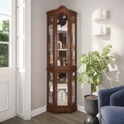 BELLEZE Loraine Canted Front Corner Lighted Curio Cabinet With 5 Tier Shelves, Walnut