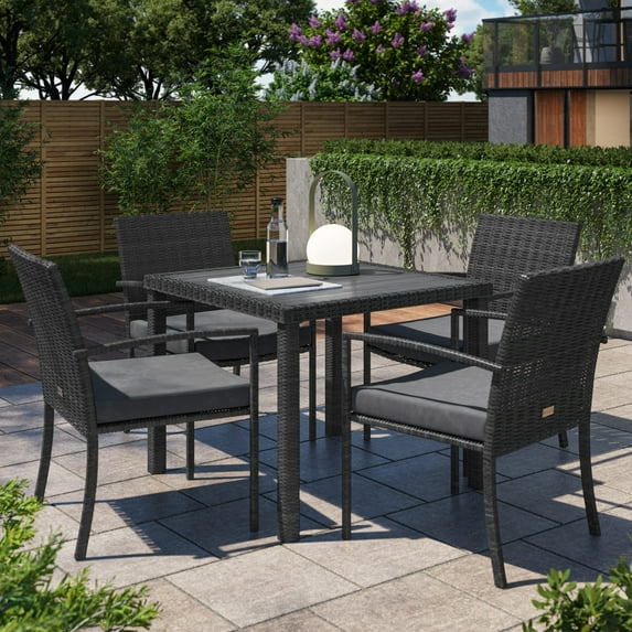 BELLEZE Mariel 5 Pieces Outdoor Patio Dining Set Wicker Slat Table With Umbrella Cut Out and 4 Cushioned Chair, Gray