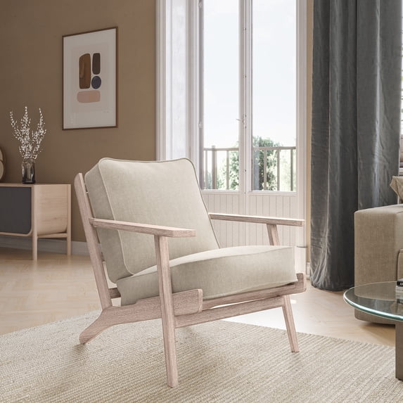 BELLEZE Maximus Accent Chair Wood Frame Linen Arm Chair, Beige