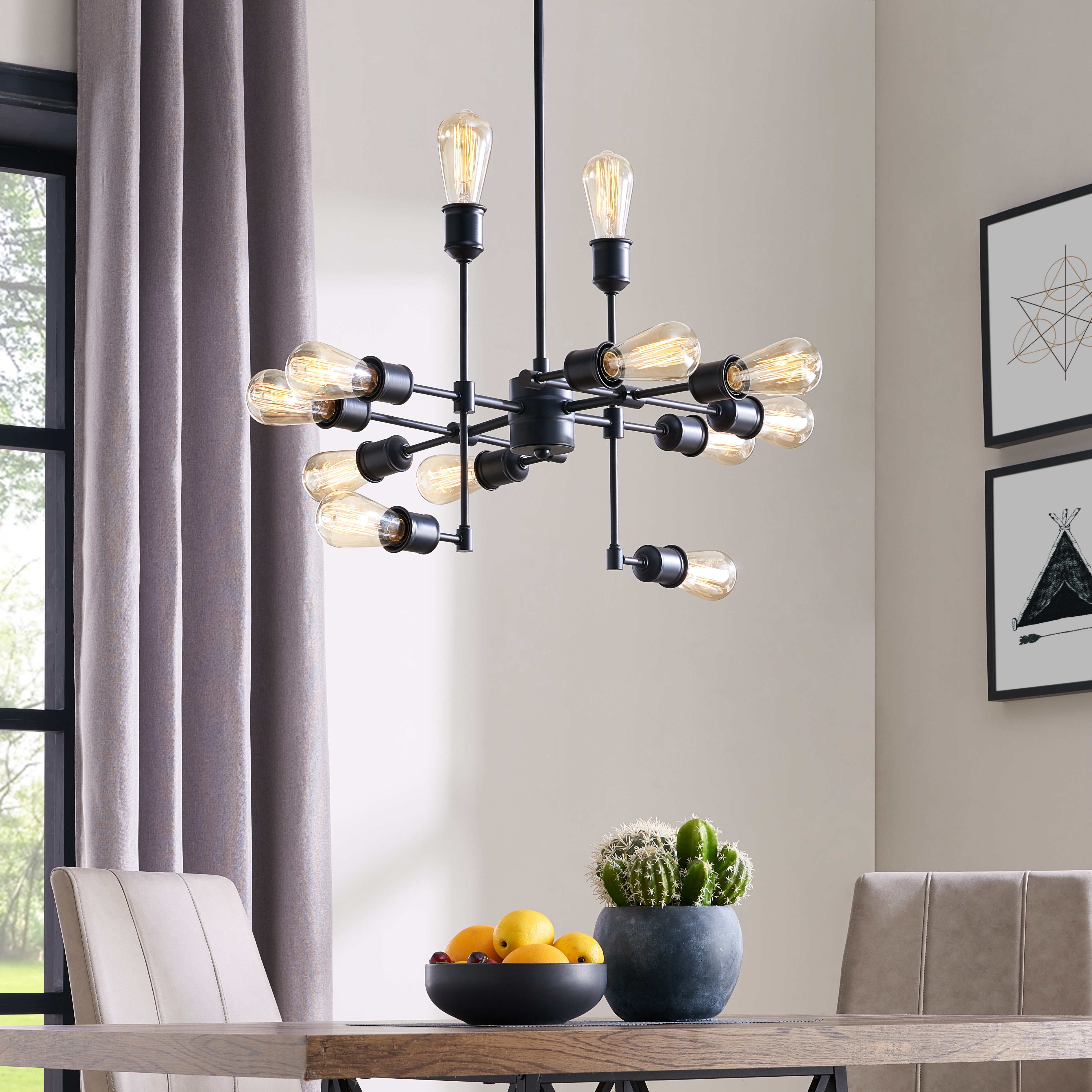 BELLEZE Mid Century 12 Light Chandelier Modern Pendant Lighting Black Kitchen Foyer Dining Room Ceiling Light Fixture