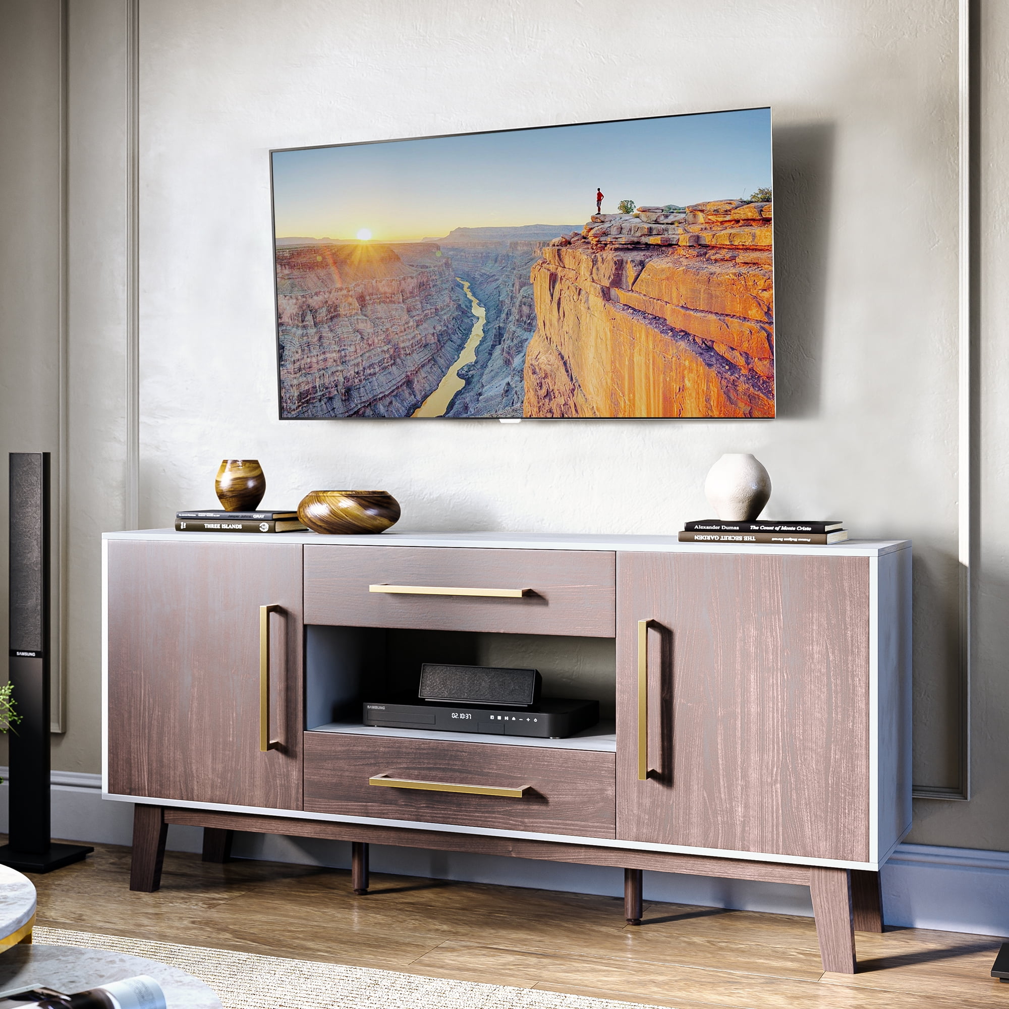 Tristan Dark Walnut Mid-Century Modern Sideboard with Golden Handles