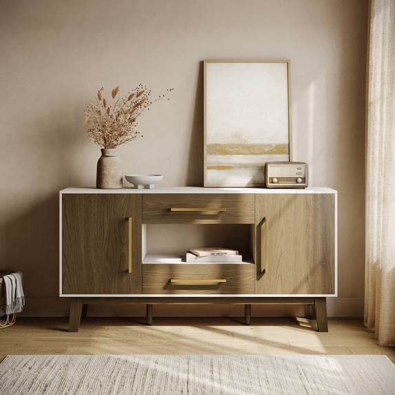 BELLEZE Mid-Century Modern Side Table with Two Drawers and Enclosed Cabinets, Sideboard Buffet Table for Kitchen, Living Room, or Hallway - Tristan (Dark Walnut)