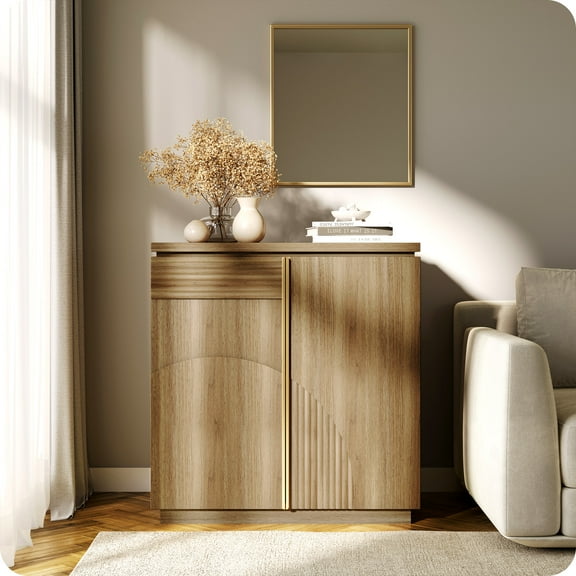 BELLEZE Mid Century Modern Sideboard Cabinet, Wood Arched Accent Buffet Cabinet with Storage, Credenza Console Table for Dining Room, Kitchen, and Living Room (Camel)